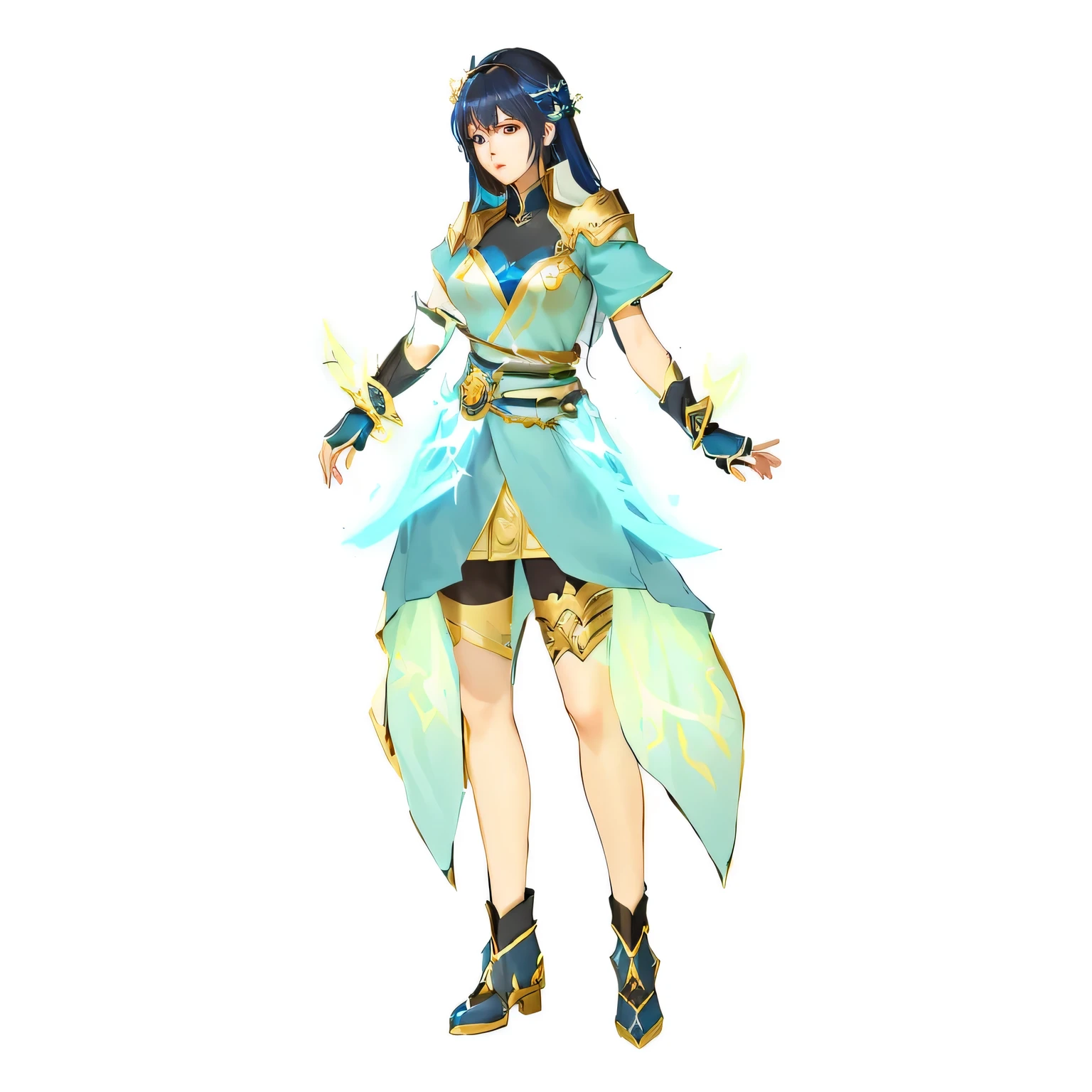 anime character dressed in blue and gold outfit with a sword, clear outfit design, new costume concept design, full body adoptable, black - haired mage, full body concept, senna from league of legends, full body xianxia, knights of zodiac girl, human :: sorceress, natalie from epic battle fantasy, maya ali as a lightning mage, outfit design