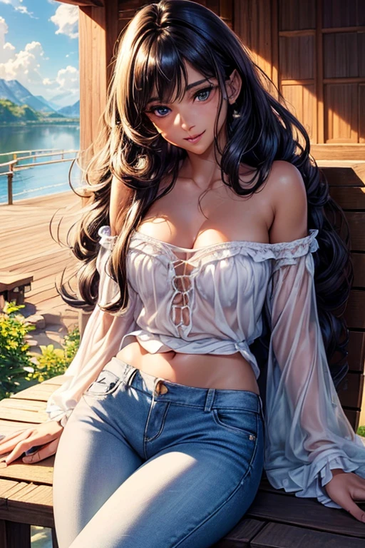 #Basics A girl is posing for a photo, animeのかわいい女の子, (((One Girl, Baby Face, Young girl, ))),
BREAK
#Clothing Accessories
((Blue denim bell bottoms) + (A simple white off-shoulder shirt), (She's wearing a light blue summer cardigan)), Wearing white mules),
BREAK
#Features
((Black Hair:1.4 Curly hair:1.4, (Long Hair : Long Hair + Fuller, more voluminous hair + Hair blowing in the wind)),
(Droopy eyes, blue eyes), (Small breasts),
BREAK
#background environment
((noon, Sunshine, blue sky, Tanned and dark skin, Wooden deck of a summer resort villa, sitting on a wood chair)),
#Facial Expression Pose
((Wicked Smile), (Are standing)),
#composition
((Face the camera, Angle from the front, Cowboy Shot:1.4)),
BREAK
#Body parts elements
(Detailed hair, Beautiful Hair, Shiny Hair),
(double eyelid, Long eyelashes),
(Expression of fine eyes, Beautiful and delicate eyes, Sparkling eyes, Eye Reflexes, Glitter Eyeliner),
(Human Ear),
(Beautiful Nose, Thin Nose),
(Glossy lips, Beautiful Lips, Thick lips, Glossy Lips, Natural Cheeks),
(Detailed face, Symmetrical facial features),
(Detailed skin, Textured skin, Beautiful Skin, Shiny skin),
BREAK
#Quality
(((Highest quality)), ((masterpiece)), ((Very detailed))), ((High resolution), (16K,1080P)),
(Realistic), (Anatomically correct),
((comics, anime)), (3DCG), CG illustration,