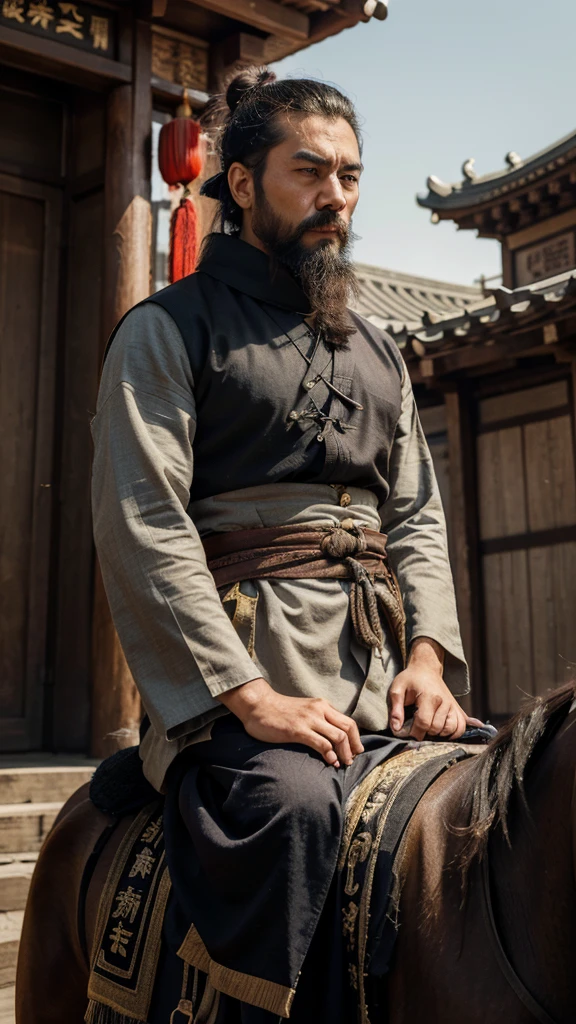 This image shows a man on horseback，His attire and look seemed to reflect his Chinese background。Man with beard，Hair tied on top of head，Liu Bang, Emperor Gaozu of Han。His expression is serious，Gaze into the distance，Seems to be thinking or observing something。

Man wearing traditional Chinese robe，Wearing a heavy scarf，The clothing style is simple but impressive。The overall tone of the picture is cold，Background blur，But you can see some flags and the outlines of buildings.，Maybe during a war or military campaign.。