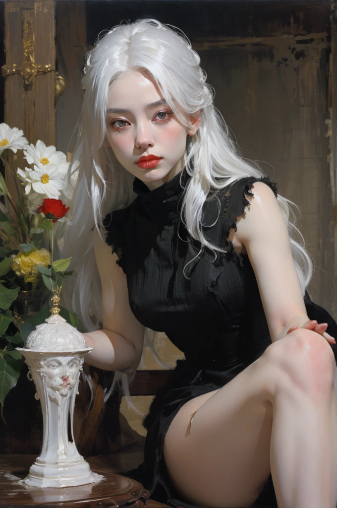 classical painting, details of a girl naked, Asian, young girl, pale skin, detailed drawing, white hair, gold eyes, monochrome image with accent color, red veil