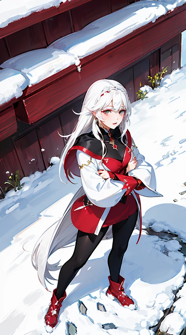 (((snow white hair,Ruby's disciple))),((standinaid headdress,beautiful maid outfit,elegant posture,Detailed maid outfit,))(blushing), (geometry:1.1), ((1 girl,miraculous,Mature girl,alone,looking up,))(Masterpiece,best quality, official art, Beautiful and aesthetic:1.2),(16K),((Sagging breasts,Medium bust)),((((shiny hair|fine hair|long straight hair,)))),Thin,(Masterpieceข้างทาง),(shine),((blurred background,Bokeh:50mm)),((utterly_details_eyes_and_face)),mature woman,,shrewd
