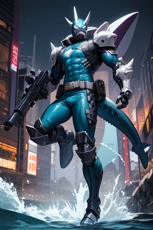 ((best quality)), ((masterpiece)), (detailed), 1 male, full body, 25 years old, 1 shark fin on his head, diving mask, angry expression, black collar, tall and strong, very athletic, shark fins, grey details, mechanical shark head, shark suit, purple fingerless gloves, purple wristbands, water shooters, shooting water from the wrists, blue nanotech suit resembling light armor, blue chest with an emblem, green fly emblem on his chest, green emblem, blue pants, shark tail, blue knee pads, metallic blue boots, black superhero belt, standing on a pier by the sea, night city background, anime