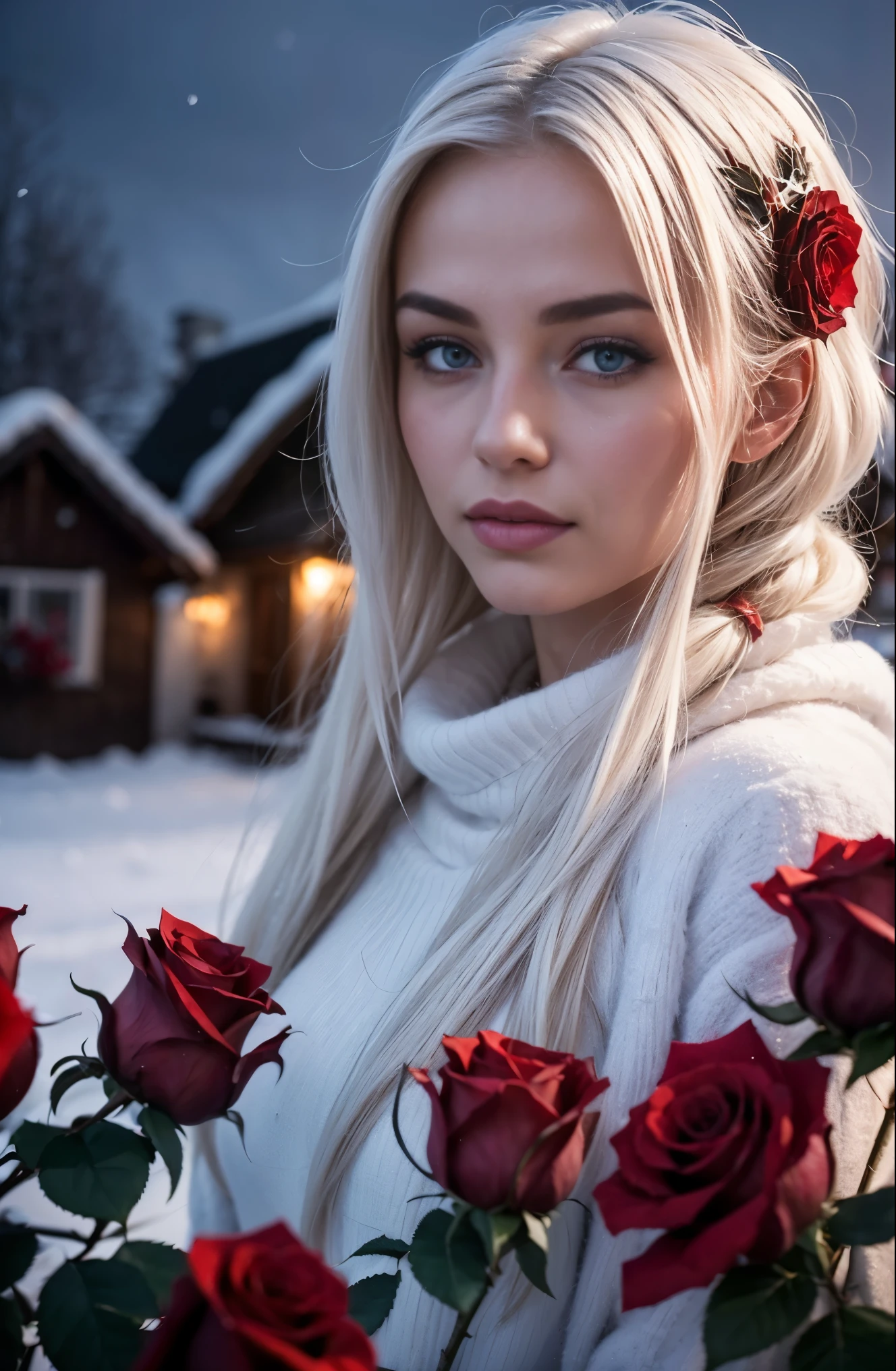 background, a snowy village, winter night, northern lights. Middle ground: an ultra hot european woman, age 23, white hair, (facing the camera). ((foreground: (blurry) red roses)) 