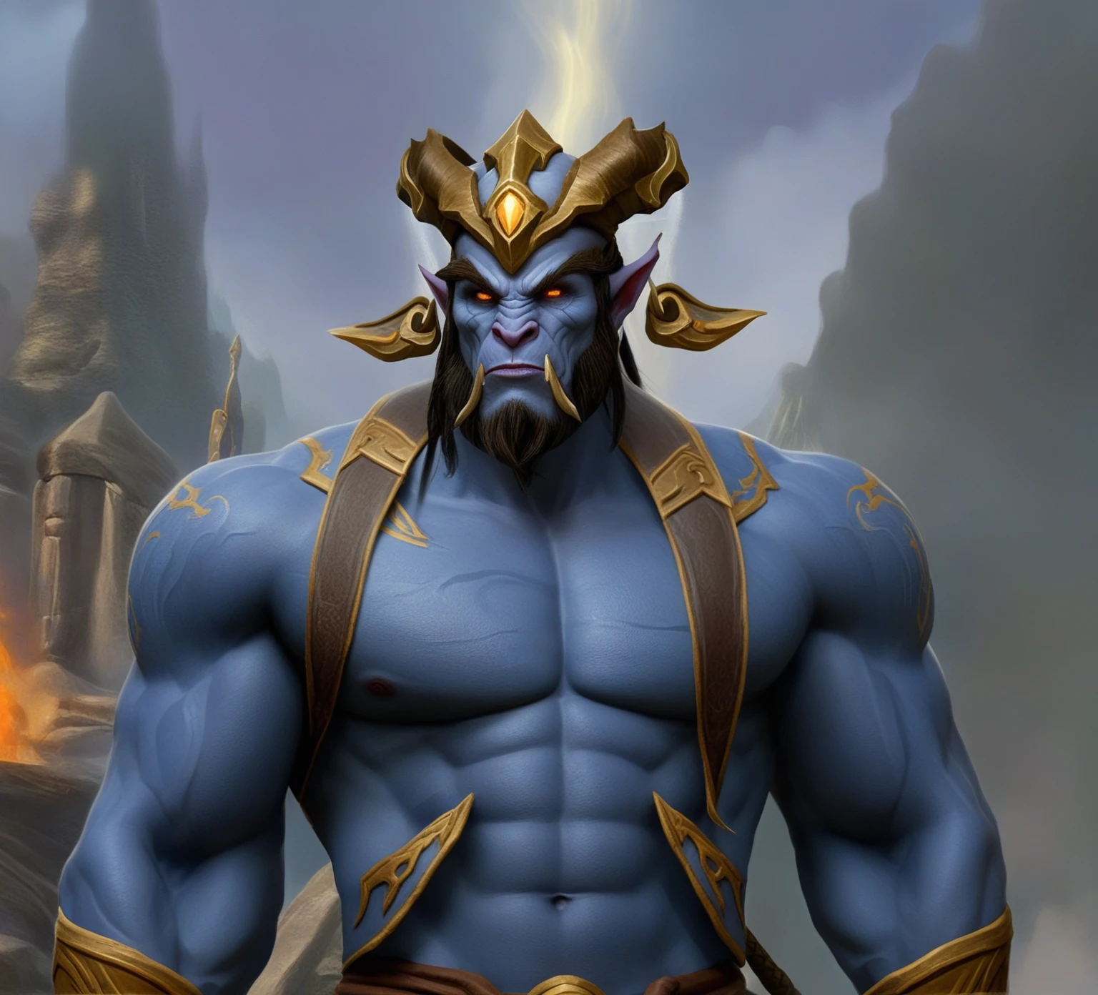 il y a un personnage masculin draenei sancteforge très musclé de World of Warcraft avec des yeux doré, une barbe, des cornes de bélier imposantes dorés, bodybuildé avec des runes dorés sur le corp