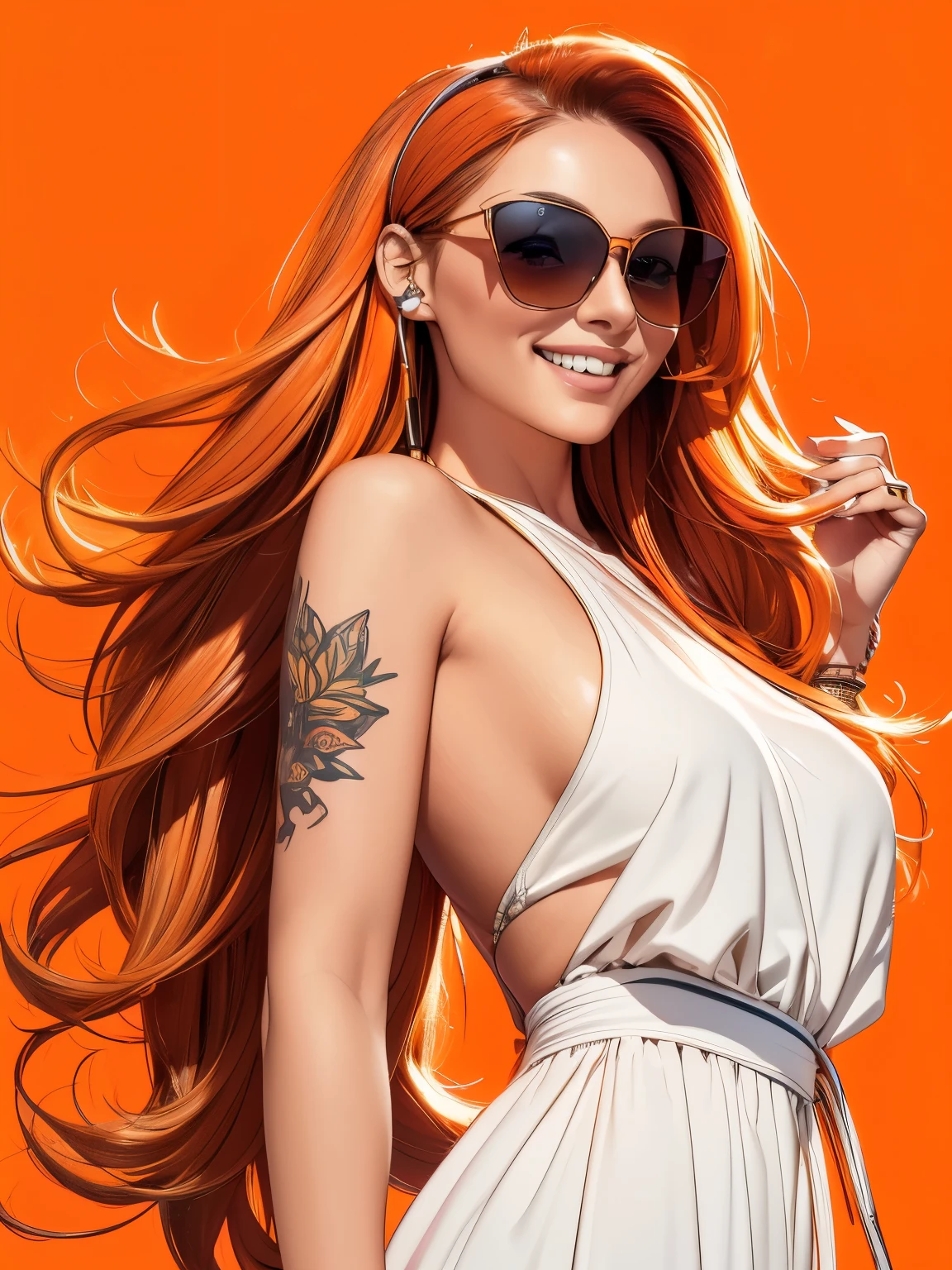(best quality,4k,highres),(bright, vibrant),(long and straight hair),(natural makeup),(smiling, with a big smile),(expression changes with the lighting),(tattoo on the back),(wearing headphones),(bracelet on the wrist),(wearing a beautiful ring),(wearing orange sunglasses),(in front of a white wall),(photographed in an indoor studio),(soft lighting)