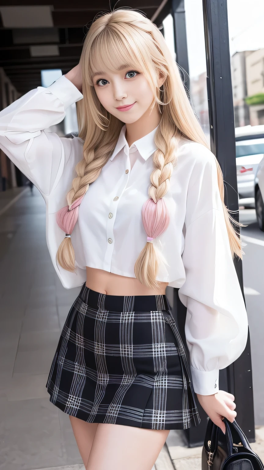 Sexy big ,14歳のbeautiful女の子はセクシーでかわいい & かわいいbeautifulセクシーな顔, A strong wind blows my hair in front of my face,beautiful super long metallic blonde French braids and、beautiful, Cute and sexy eyes hidden behind long bangs、Belly button shirt、Very short pink and black checkered miniskirt、Turn around and look at me with a smile、