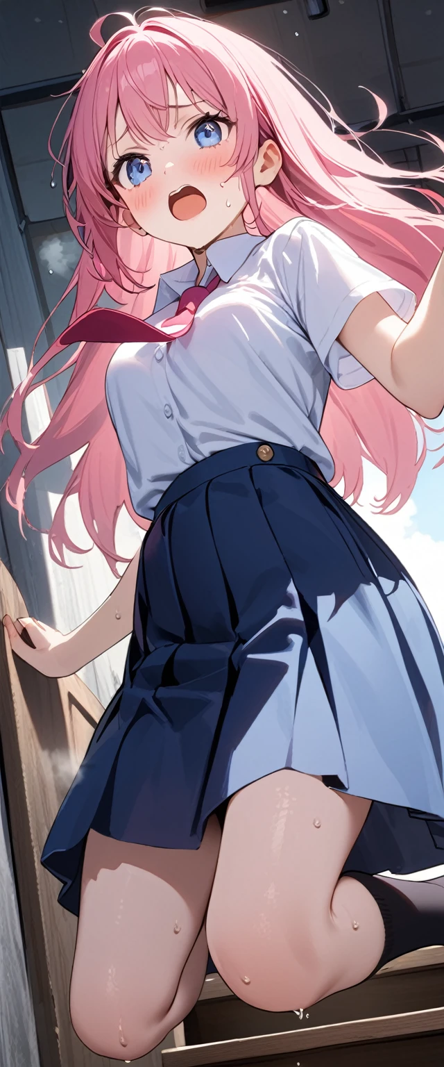 (1 girl),(Best Picture Quality, 8K, Masterpiece:1.3), (high school student:1.5), (pink lob hair), (bumpy hair), (slant skyblue eyes), ((school uniform, white short simple sleeve shirt, darkblue skirt, pink tie)), (super clear:1.5), (glistening skin:1.1),(pale skin:1.1), (looking ahead:1.3), ((from below:1.3)),(Jump from the top of the stairs in an alley in town), (jumping:1.3),(panicking),(sweat:1.3),(steam:1.2),