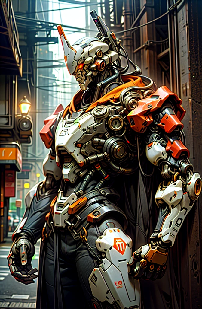 Dark_Fantasy,Cyberpunk,(chain saw,chain saw man,Red:1.1),1man,Mechanical marvel,Robotic presence,Cybernetic guardian, wearing a worn-out mech suit, intricate, (steel metal [rusty]), elegant, clear focus, shot by greg rutkowski, soft lighting, vibrant colors, masterpiece, ((street)), cowboy shot, dynamic pose,