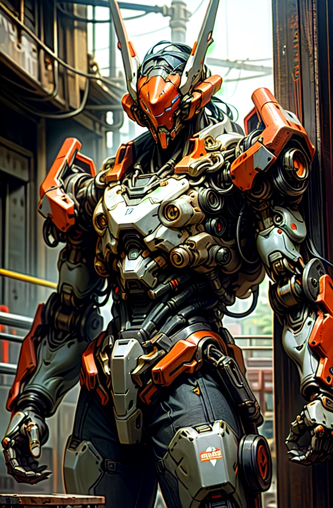 Dark_Fantasy,Cyberpunk,(chain saw,chain saw man,Red:1.1),1man,Mechanical marvel,Robotic presence,Cybernetic guardian, wearing a worn-out mech suit, intricate, (steel metal [rusty]), elegant, clear focus, shot by greg rutkowski, soft lighting, vibrant colors, masterpiece, ((street)), cowboy shot, dynamic pose,