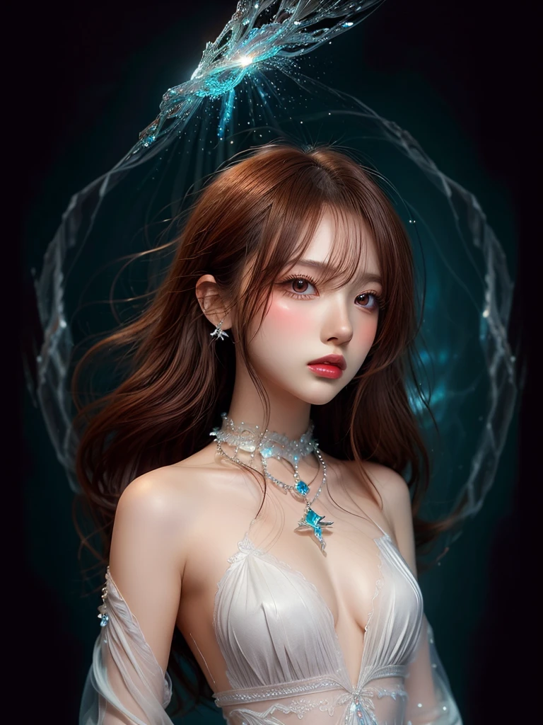 Painting of beautiful young woman，jewelry，Mysterious Wave. 3d. white，shallow. The beauty of cosmic fusion. Nebula Reflection Surrealism. Glass texture，translucent，crystallization