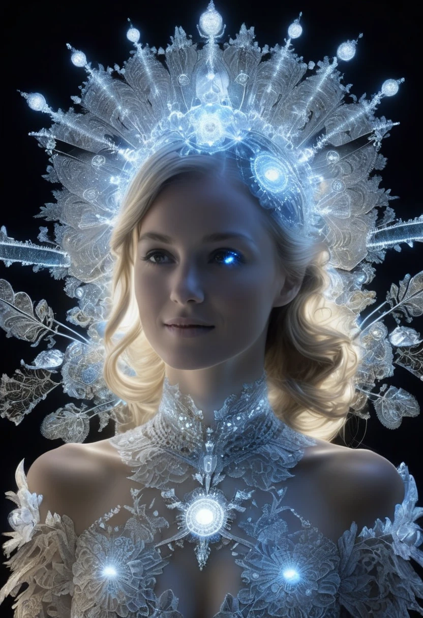 à la manière de Megan Hess,(à la manière de Nick Veasey:0.6), une sublime femme heureuse et rayonnante en armure translucide brillante de Mandelbrot fractal, regard intense,  poitrine sublime et relevée par effet push-up, pose dynamique,  très détaillé,  hyperréaliste , magnifique sourire radieux,  longues_jambes , marche vers moi,armure translucide et bioluminescente, delicate, sensuelle