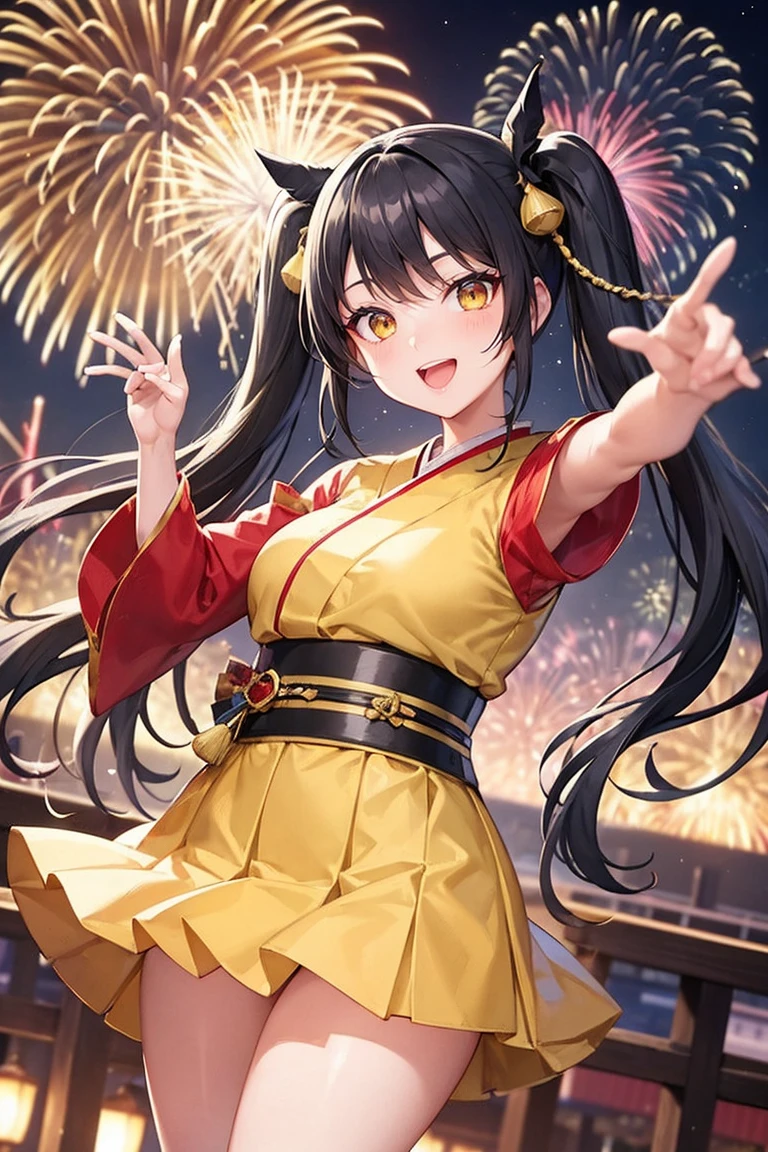 (masterpiece), (High resolution), Black Hair, Yellow Eyes, Twin tails, Wearing Japan traditional clothes, Fireworks in the background, [Cultural festival in the background], pretty girl, Perfect body, Perfect Face、Perfect hands, Have a candy apple, Happy, Laughter, Excited, Cute Smile, Pose for a photo, Facing away from the camera