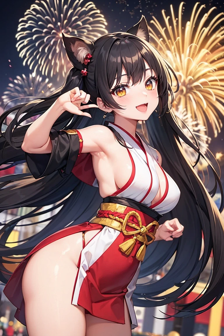 (masterpiece), (High resolution), Black Hair, Yellow Eyes, Twin tails, Wearing Japan traditional clothes, Fireworks in the background, [Cultural festival in the background], pretty girl, Perfect body, Perfect Face、Perfect hands, Have a candy apple, Happy, Laughter, Excited, Cute Smile, Pose for a photo, Facing away from the camera