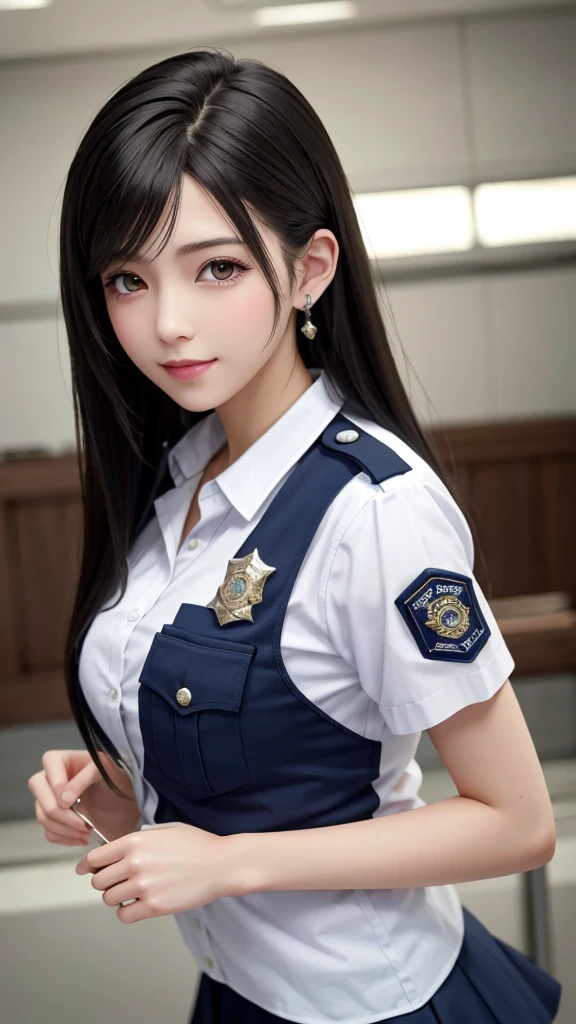 {Top Quality, Masterpiece}, {{{realistic}}}, BREAK {{{FF7, Tifa_lockhart}}}, Ultra-detailed face, Detailed RED eyes, black Brown Hair, (Large breasts: 1.0),{{{police office}}}, BREAK (she is wearing a police-uniform:1.6, mini-skirt), about 18 years old, BREAK {smile, kawaii}, {{model pose}}