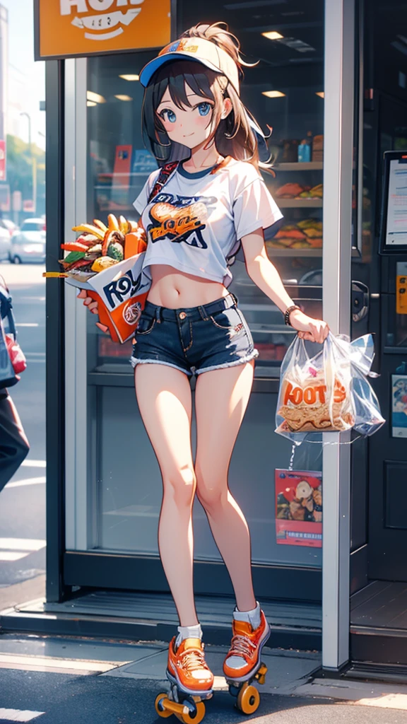 Delivering burgers to customers、A girl alone on roller skates。A small T-shirt showing your belly button、Wearing hot pants。I work at Hooters。