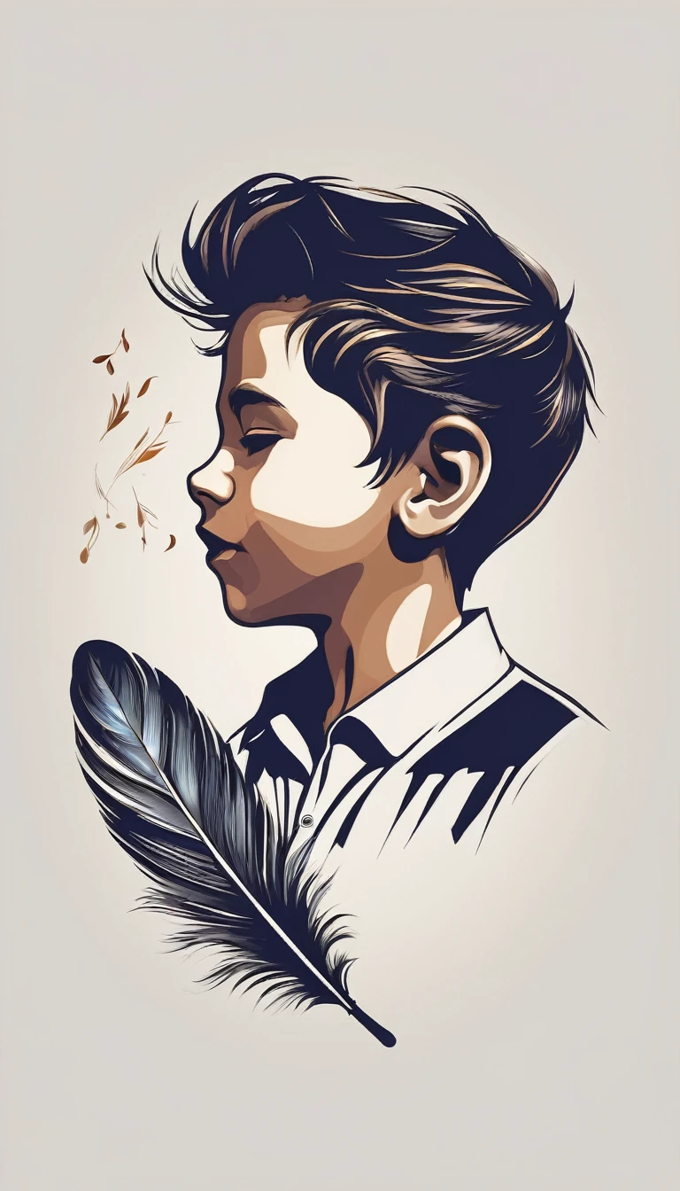 A minimalist, fantastic, poetic, dreamy, captivating, memorable, masterpiece, modern, simple logo design of a boy and a feather for the brand “Penamemoria". The logo must convey a sense of music, stories and dreams. Minimalistic logo design of a boy and a feather.
