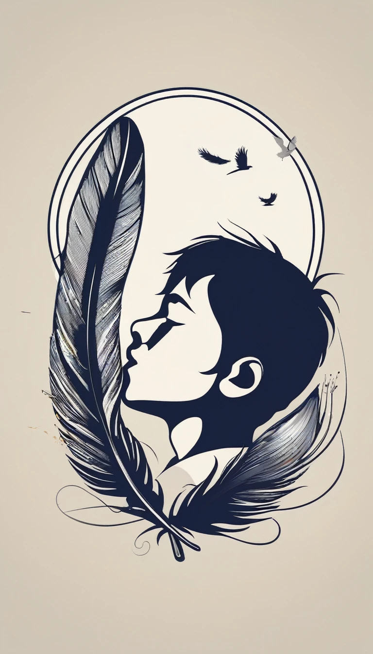 A minimalist, fantastic, poetic, dreamy, captivating, memorable, masterpiece, modern, simple logo design of a boy and a feather for the brand “Penamemoria". The logo must convey a sense of music, stories and dreams. Minimalistic logo design of a boy and a feather.