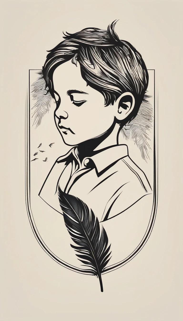A minimalist, fantastic, poetic, dreamy, captivating, memorable, masterpiece, modern, simple logo design of a boy and a feather for the brand “Penamemoria". The logo must convey a sense of music, stories and dreams. Minimalistic logo design of a boy and a feather.