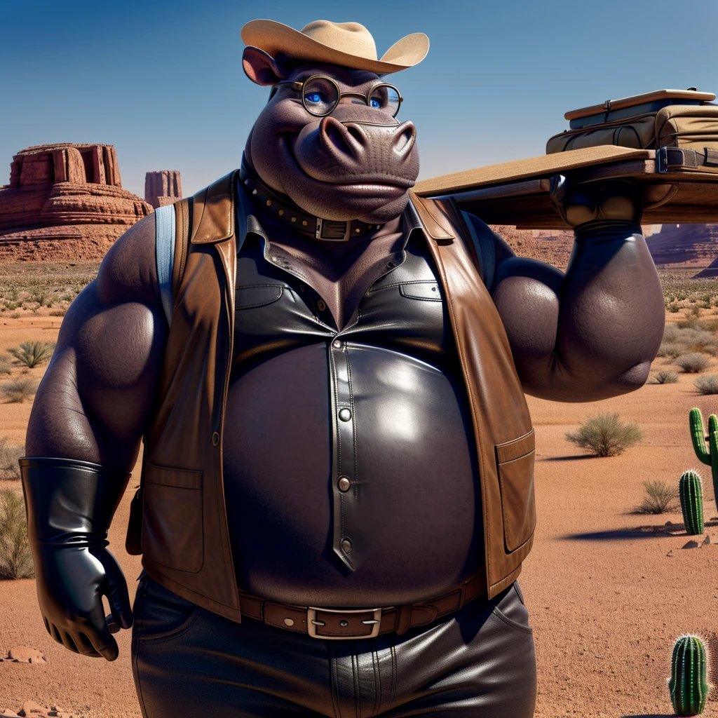 Male, fat, extremely obese, Hippopotamus, blue eyes, (posing:1.3), (soft shading), 4k, hi res, ((detailed face, detailed)), looking at viewer, smile, open mouth, desert, cactus, shirt, hat, male focus, cowboy shot, glasses, pants, bag, vest, backpack, sleeves rolled up, round eyewear, brown headwear, brown vest, whiskers, Hippopotamus is wearing a glossy leather dog collar around the neck, Hippopotamus is wearing the leather collar and shirt and vest at the same time, Hippopotamus is wearing glossy black rubber gloves on the hands, gloves are rubber in texture.