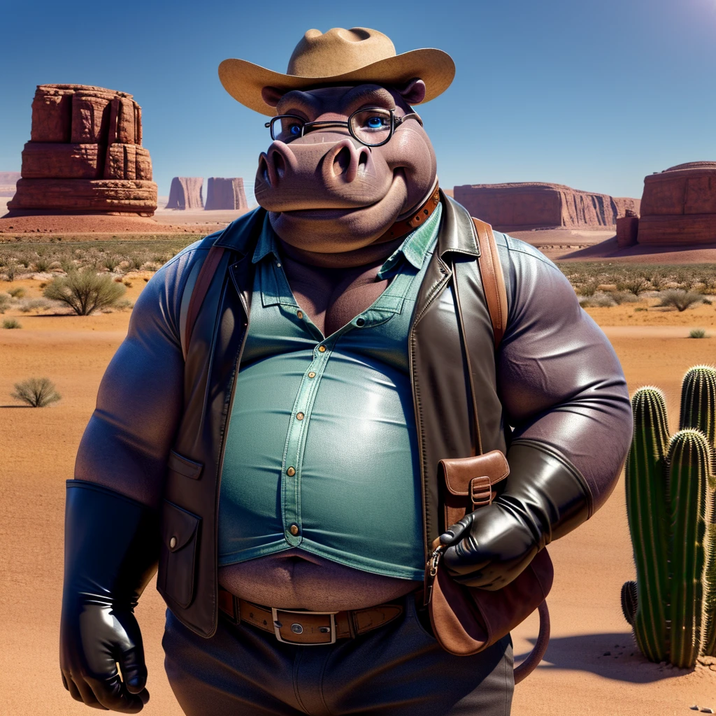 Male, fat, extremely obese, Hippopotamus, blue eyes, (posing:1.3), (soft shading), 4k, hi res, ((detailed face, detailed)), looking at viewer, smile, open mouth, desert, cactus, shirt, hat, male focus, cowboy shot, glasses, pants, bag, vest, backpack, sleeves rolled up, round eyewear, brown headwear, brown vest, whiskers, Hippopotamus is wearing a glossy leather dog collar around the neck, Hippopotamus is wearing the leather collar and shirt and vest at the same time, Hippopotamus is wearing glossy black rubber gloves on the hands, gloves are rubber in texture.