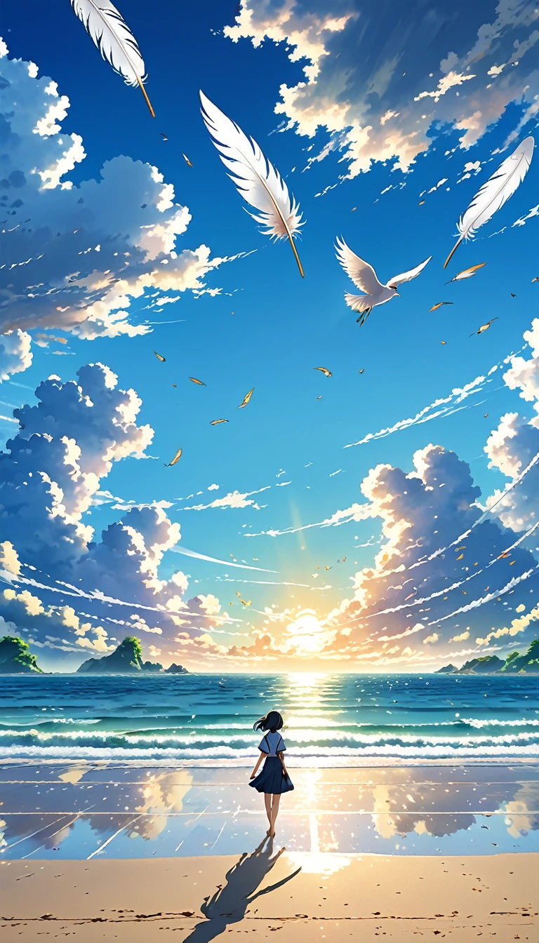 Well detailed anime landscape, The 100 series poster style with people falling from the sky, Os 100, people falling to the sky, beautiful horizon on the beach, floating wing feathers
 falling seen from afar, clouds, small with brush strokes, serene sky anime nature wallpaper, anime beautiful scene, beautiful anime peace scene, Makoto Shinkai Cyril Rolando, beautiful anime scene, amazing wallpaper, wallpaper anime art 8k, anime background, anime art background, anime 4k wallpaper, anime art 4k wallpaper, anime art 4k wallpaper,