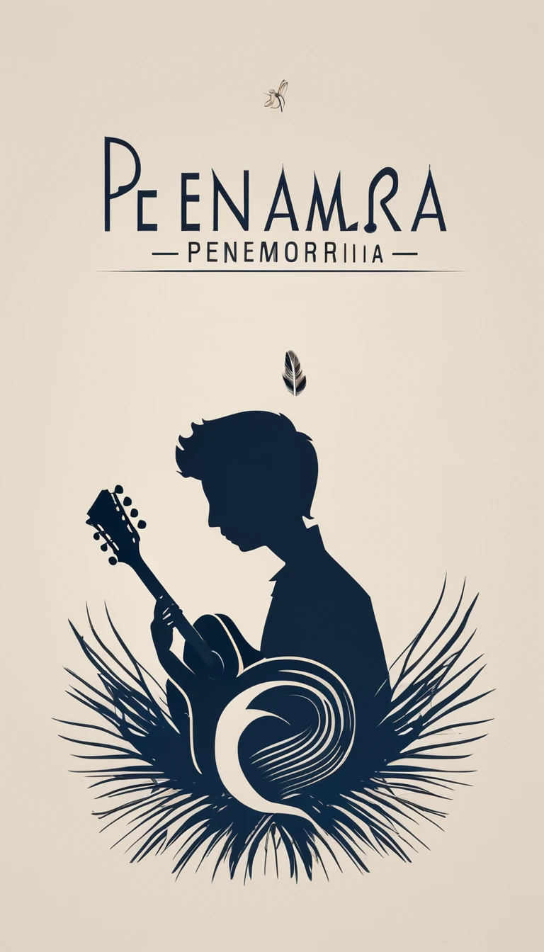 A minimal, modern, simple, cinematic logotype for the brand “Penamemoria". The logotype must be a simple, magical feather and a boy playing acoustic guitar. The logo must convey a sense of music, stories and dreams. Logo design impressed on a book cover. Minimalistic logo
