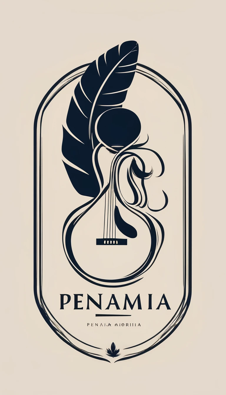 A minimal, modern, simple, cinematic logotype for the brand “Penamemoria". The logotype must be a simple, magical feather and a boy playing acoustic guitar. The logo must convey a sense of music, stories and dreams. Logo design impressed on a book cover. Minimalistic logo