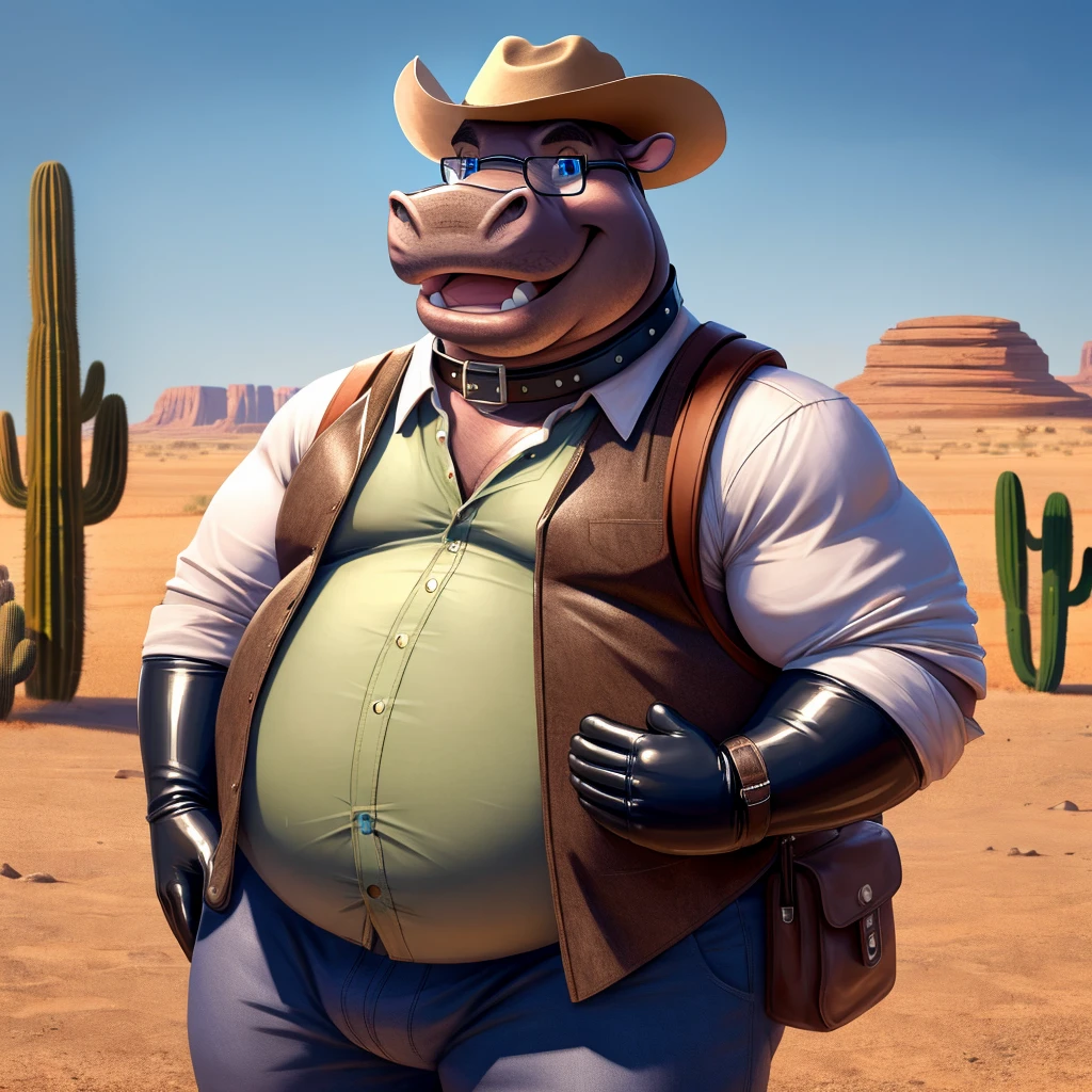 Male, fat, extremely obese, Hippopotamus, blue eyes, (posing:1.3), (soft shading), 4k, hi res, ((detailed face, detailed)), looking at viewer, smile, open mouth, desert, cactus, shirt, hat, male focus, cowboy shot, glasses, pants, bag, vest, backpack, sleeves rolled up, round eyewear, brown headwear, brown vest, whiskers, Hippopotamus is wearing a glossy leather dog collar around the neck, Hippopotamus is wearing the leather collar and shirt and vest at the same time, Hippopotamus is wearing glossy black rubber gloves on the hands, gloves are rubber in texture.