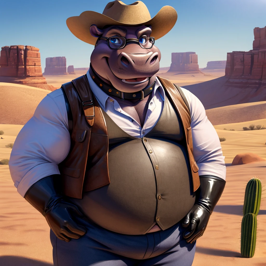 Male, fat, extremely obese, Hippopotamus, blue eyes, (posing:1.3), (soft shading), 4k, hi res, ((detailed face, detailed)), looking at viewer, smile, open mouth, desert, cactus, shirt, hat, male focus, cowboy shot, glasses, pants, bag, vest, backpack, sleeves rolled up, round eyewear, brown headwear, brown vest, whiskers, Hippopotamus is wearing a glossy leather dog collar around the neck, Hippopotamus is wearing the leather collar and shirt and vest at the same time, Hippopotamus is wearing glossy black rubber gloves on the hands, gloves are rubber in texture.