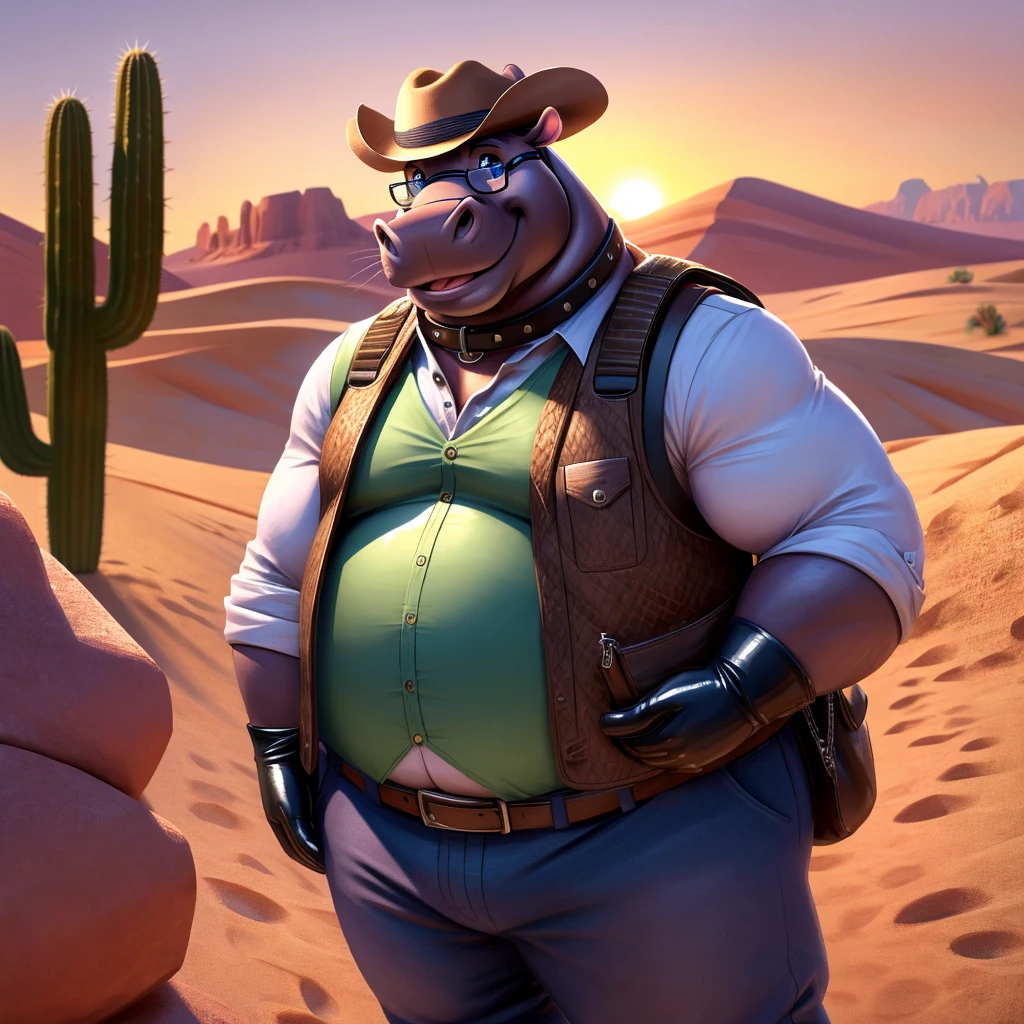 Male, fat, extremely obese, Hippopotamus, blue eyes, (posing:1.3), (soft shading), 4k, hi res, ((detailed face, detailed)), looking at viewer, smile, open mouth, desert, cactus, shirt, hat, male focus, cowboy shot, glasses, pants, bag, vest, backpack, sleeves rolled up, round eyewear, brown headwear, brown vest, whiskers, Hippopotamus is wearing a glossy leather dog collar around the neck, Hippopotamus is wearing the leather collar and shirt and vest at the same time, Hippopotamus is wearing glossy black rubber gloves on the hands, gloves are rubber in texture.