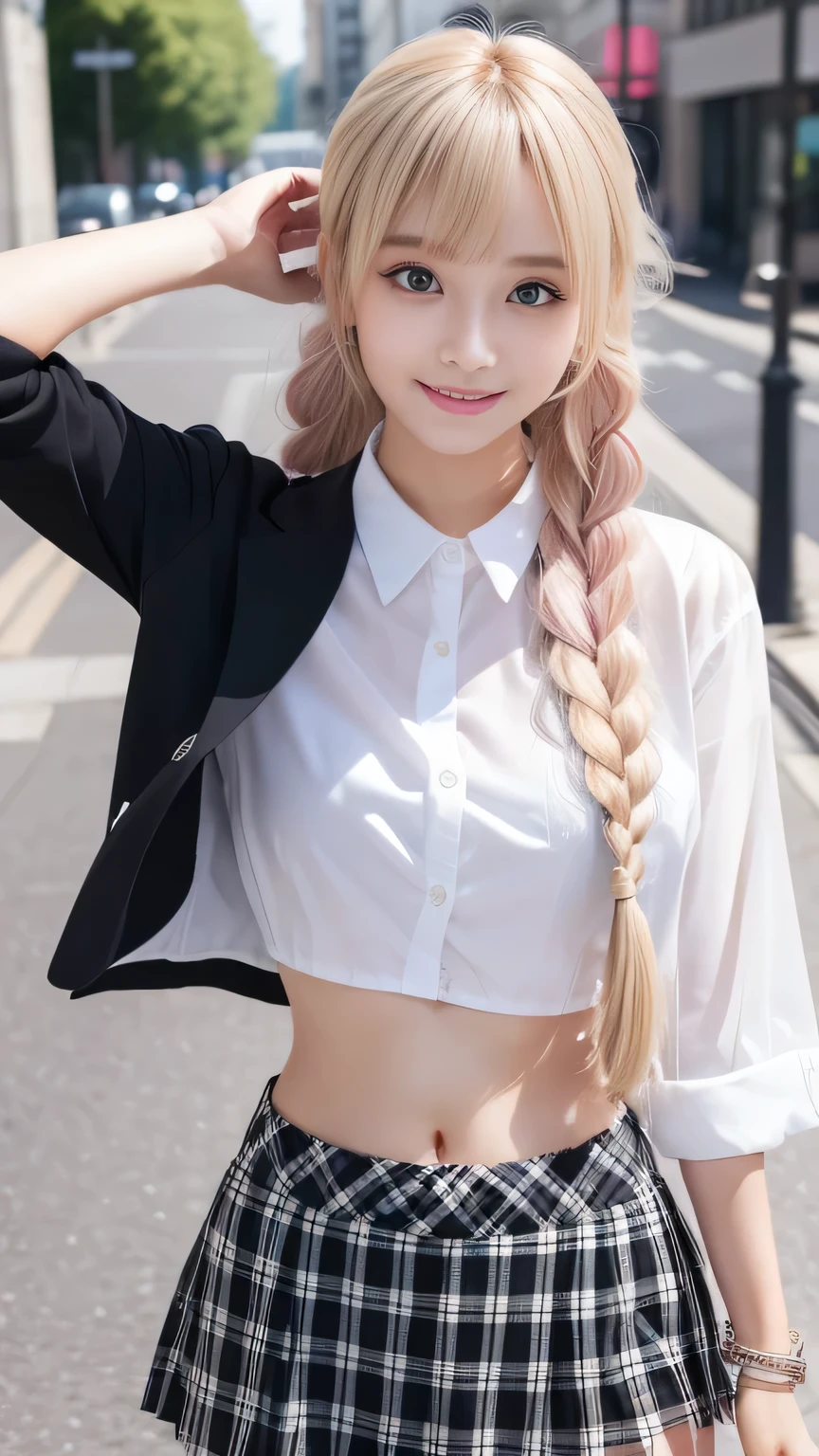 Sexy big ,14歳のbeautiful女の子はセクシーでかわいい & かわいいbeautifulセクシーな顔, A strong wind blows my hair in front of my face,beautiful super long metallic blonde French braids and、beautiful, Cute and sexy eyes hidden behind long bangs、Belly button shirt、Very short pink and black checkered miniskirt、Turn around and look at me with a smile、
