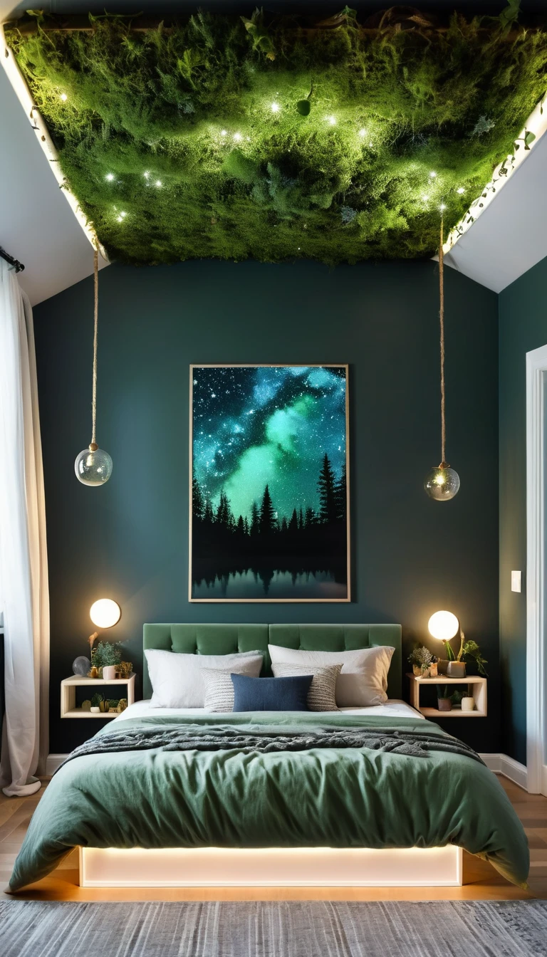 Enchanted forest canopy bed in a minimalist Scandinavian bedroom, soft moss green accents, floating shelves with glowing terrariums, and a starry night sky projected on the ceiling