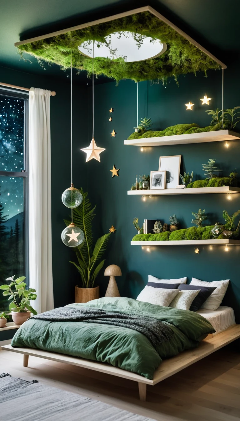Enchanted forest canopy bed in a minimalist Scandinavian bedroom, soft moss green accents, floating shelves with glowing terrariums, and a starry night sky projected on the ceiling
