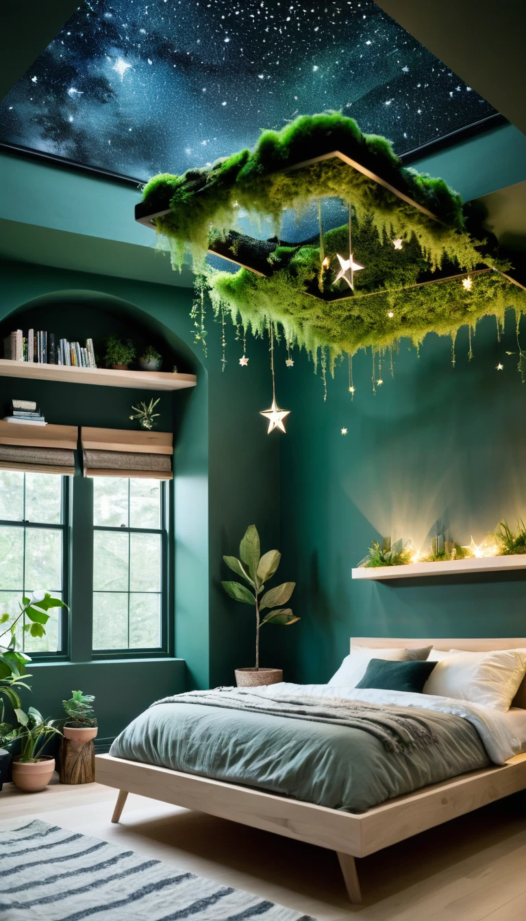 Enchanted forest canopy bed in a minimalist Scandinavian bedroom, soft moss green accents, floating shelves with glowing terrariums, and a starry night sky projected on the ceiling
