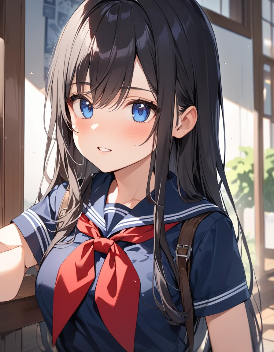 (Highest qualityのイラスト:1.2), (pretty girl:1.1), (1 girl、17 years old、Highest qualityのイラスト:1.2), (1 girl、Kind eyes、blue eyes:1.2)、Black Hair、Semi-long hair、(Highest quality、Very detailed、Ultra-high resolution) 、High School Uniform{Sailor suit、Red neckerchief、Short sleeve、Cleavage)、School classroom、Slightly larger breastature