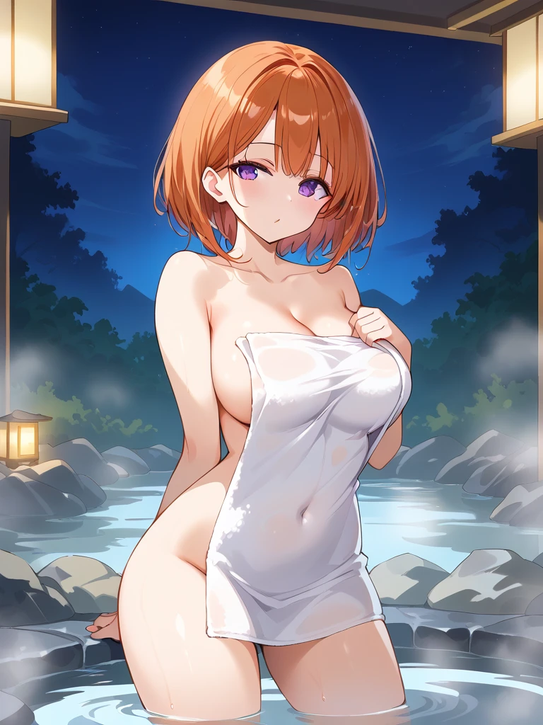 Cowgirl, Cowgirl, Redhead, (Purple eyes:1.1), short hair, (Cowboy Shot:1.2), (masterpiece:1.2), Highest quality, High resolution, 8k wallpaper, (figure:0.8), (Beautiful attention to detail:1.3),Perfect lighting, Highly detailed CG, ,Browsing Caution, (y:1.3), (hot spring_background:1.3),(Wrap your whole body in a bath towel:1.3) , (night) , Are standing