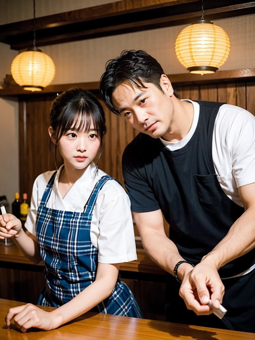 "Create an image depicting a scene from a movie where a middle-aged man and a ((cute cum dump girl middle school student)) are working together in an izakaya. The setting should be a traditional Japanese izakaya with wooden tables, paper lanterns, and a bar counter. Both characters should be engaged in serving customers or preparing food, reflecting a collaborative and ((lewd busy atmosphere))."