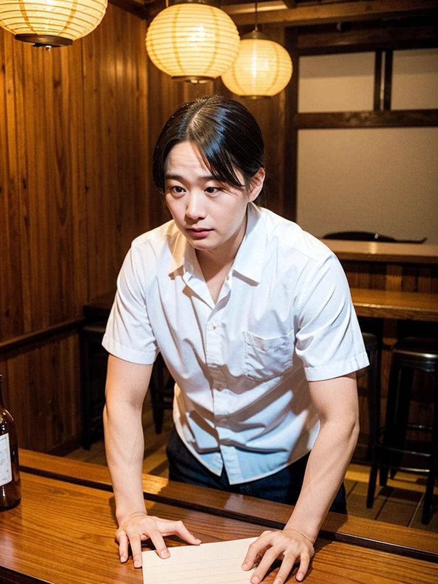 "Create an image depicting a scene from a movie where a middle-aged man and a cute female student are working together in an izakaya. The setting should be a traditional Japanese izakaya with wooden tables, paper lanterns, and a bar counter. Both characters should be engaged in serving customers or preparing food, reflecting a collaborative and busy atmosphere."