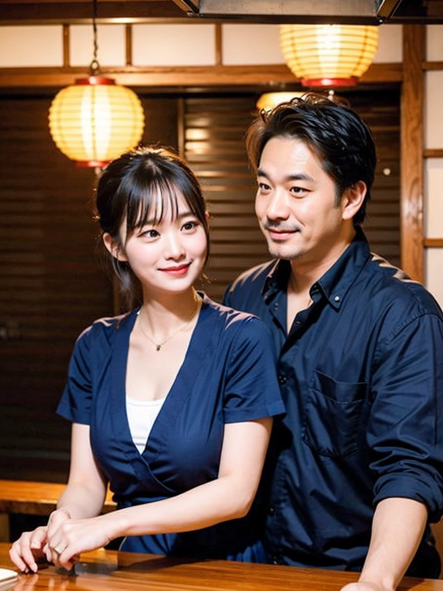 "Create an image depicting a scene from a movie where a middle-aged man and a cute female student are working together in an izakaya. The setting should be a traditional Japanese izakaya with wooden tables, paper lanterns, and a bar counter. Both characters should be engaged in serving customers or preparing food, reflecting a collaborative and busy atmosphere."