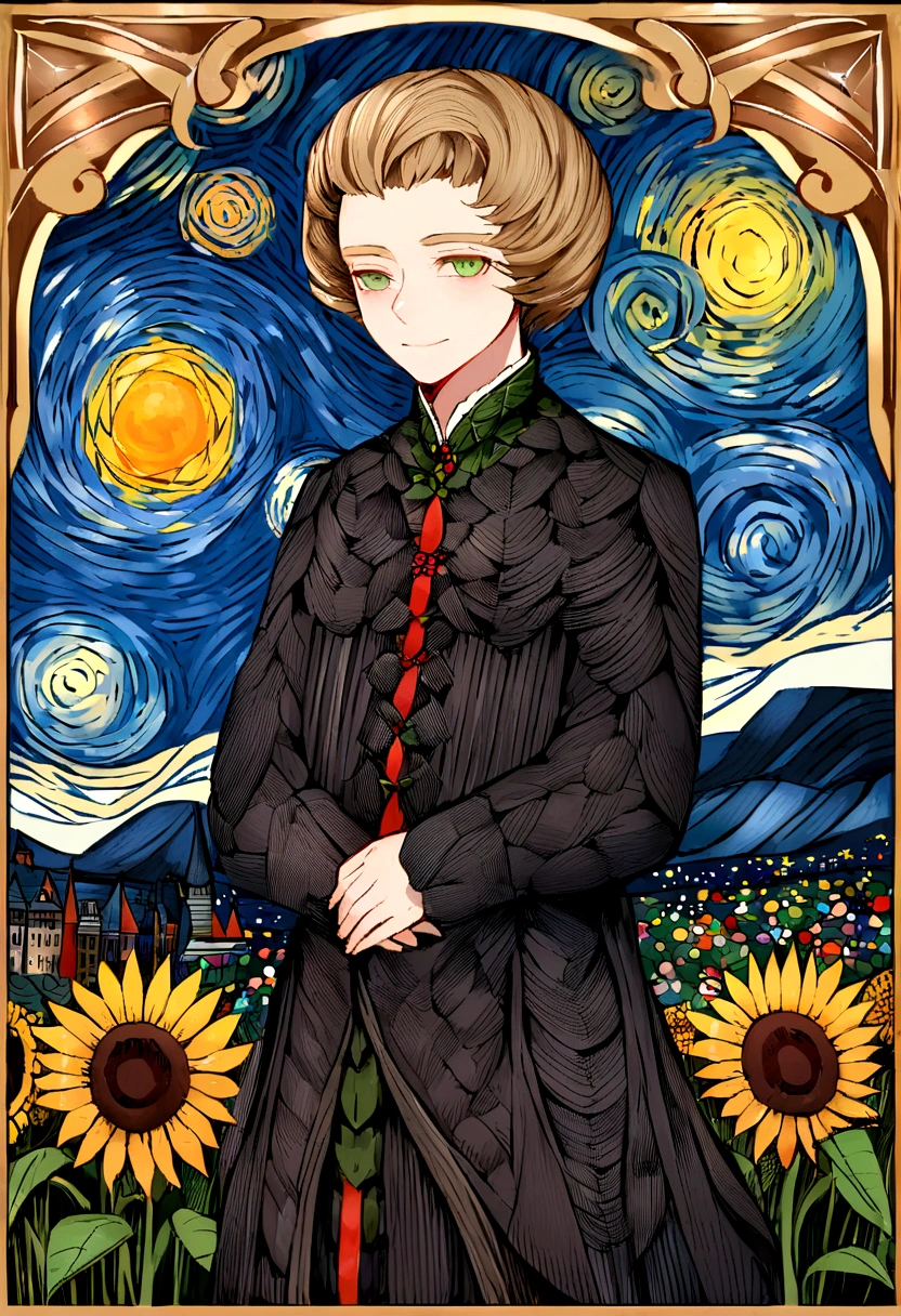Make a good quality version of Van Gogh girrosai, Van Gogh Starry Night Style，There is a sunflower，grassland，露出一只cute的小猫，cute