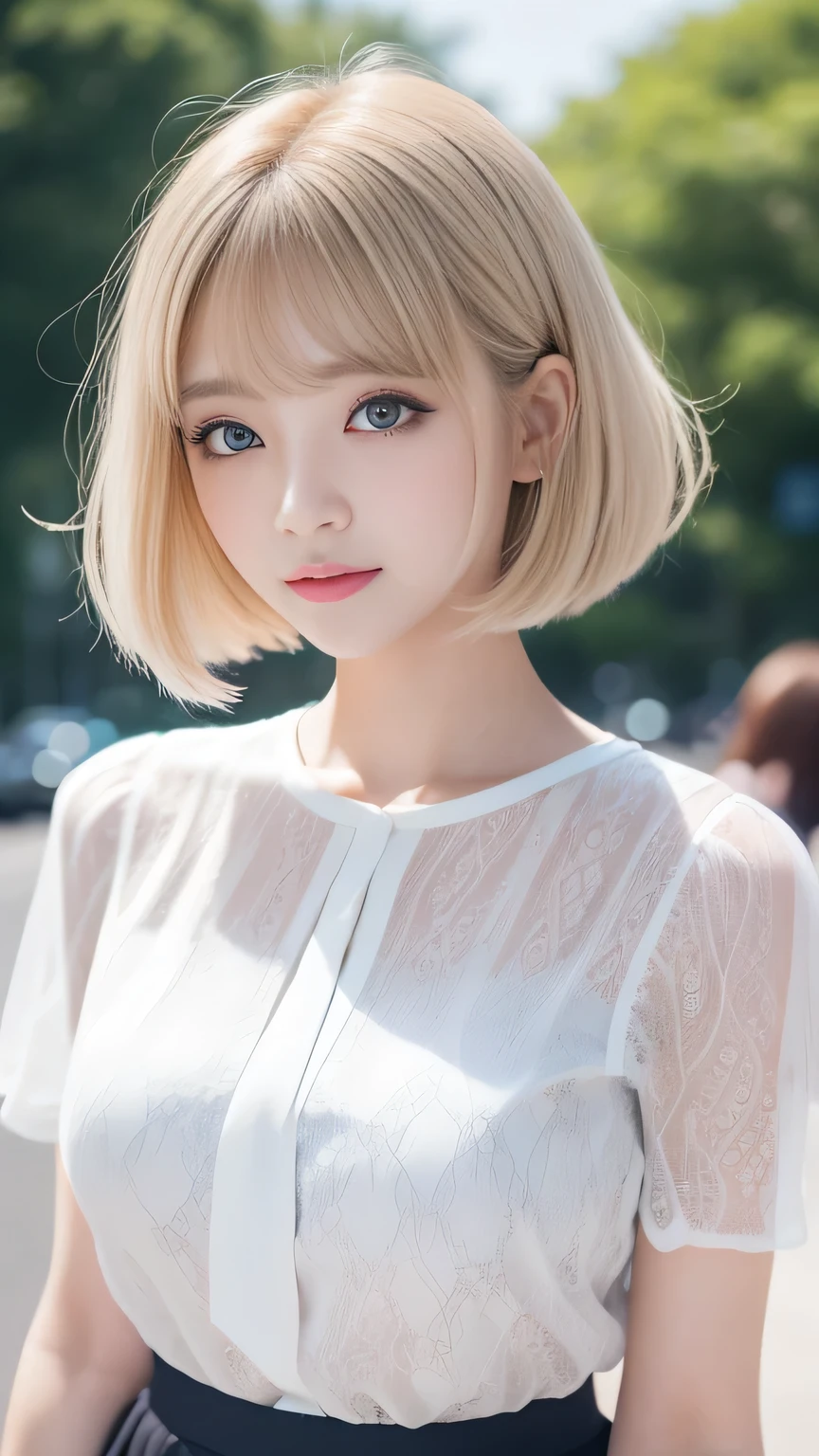 White and radiant skin、Bangs on the face、Long eyelashes、A strong wind blows my hair in front of my face、Beautiful big sparkling eyes, Cute and beautiful eyes hidden behind long bangs、No visible nasolabial folds、Short micro mini skirt、Multicolored patterned blouse、20 year old Korean beauty、Bright blonde short hair
