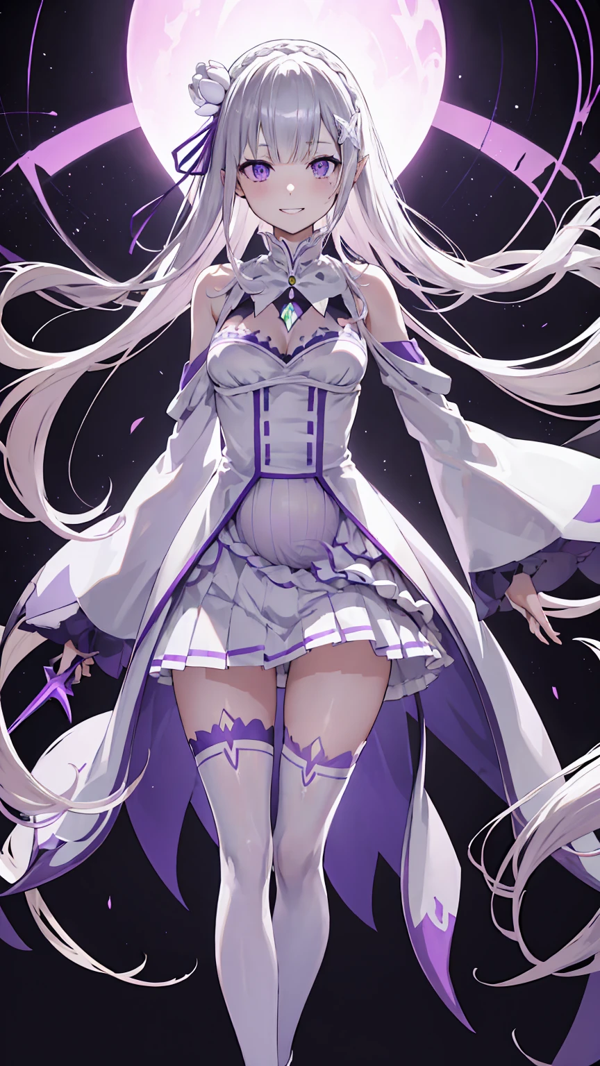 Lezero Emilia, emilia, braid, Crown braid, flower, Hair Flower, hair ornament, Hair Ribbon, Long hair, pointy ear, (Purple eyes:1.2), White hair, x hair ornament,
Break Detach Color, Detached sleeves, frilly sleeves, frilld, Long sleeves, Miniskirt, Pleated skirt, bow ribbon, Skirt, thighs thighs thighs thighs, White skirt, White sleeves, white thighhig, Wide sleeves, zettai ryouiki,

 BREAK (masutepiece:1.2), Best Quality, High resolution, Unity 8k Wallpaper, (Illustration:0.8), (Beautiful detailed eyes:1.6), extra detailed face, Perfect Lighting, extremely details CG, (Perfect hands, Perfect Anatomy),is standing、Evil Fall, 1girl in, solo, pubic tattoo,Lipakeup、lip stick、eye line / Mascara Eyeshadow Evil Fall、Bad Woman、bad looking、Empty eyes、Psychopaths、Eyes pink、Grinning、Smile, lightsmile,Knives、low angles、leggy、Long leguchimuchi、Transparent pupils、, ((Positive pregnancy test))fullbody image、high-heels、High heels