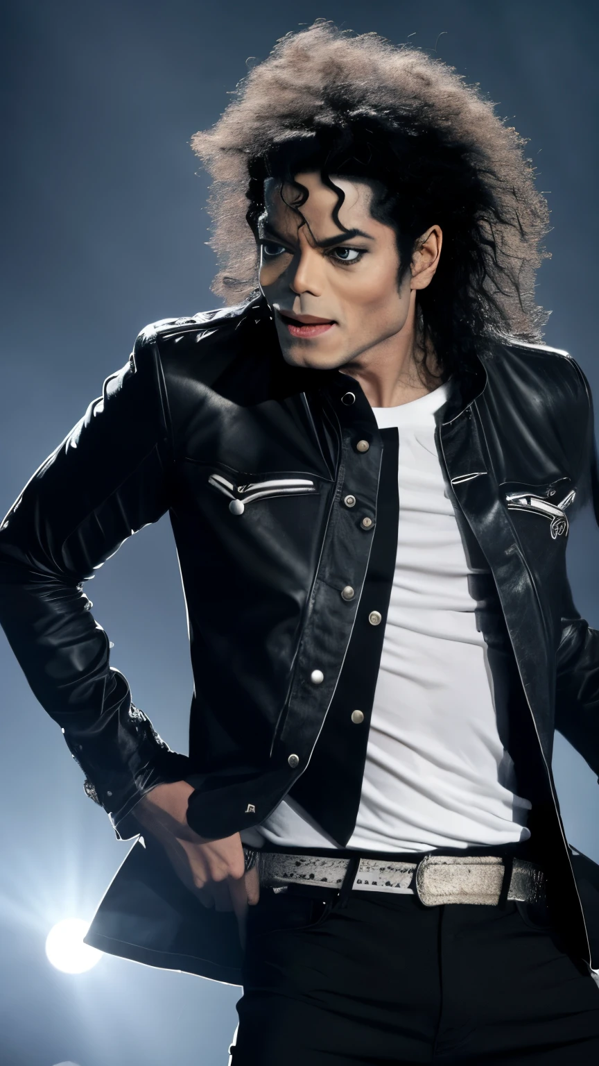 Produce an image of Michael Jackson characterized as a werewolf, with an open white shirt, dark jeans and sharp claws coming out of your hands. He is in a transformation pose, with eyes shining brightly and wild hair flying in the wind, as seen in the clip "thriller".