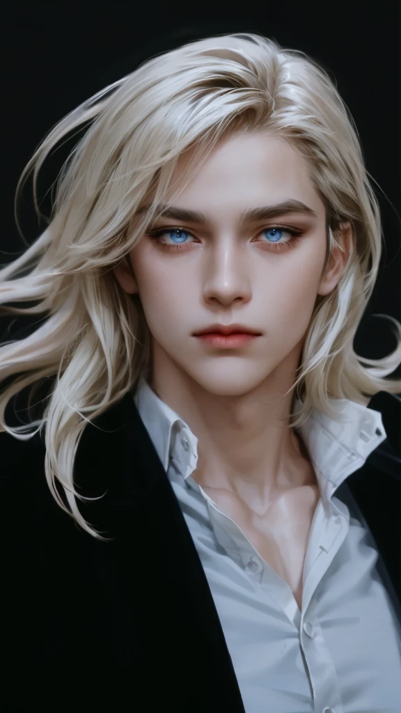(masterpiece,best quality,ultra_detailed,highres,absurdres),1 mature male, 30-ish, (wide shoulder), (muscular), male focus, solo, black hair, chain, shirt, black necktie, necktie, simple background, blue eyes, upper body, vest, long hair, looking at viewer, parted lips, collared shirt, round eyewear, long sleeves, black shirt, black vest, monocle, jewelry, lawyer, court background.