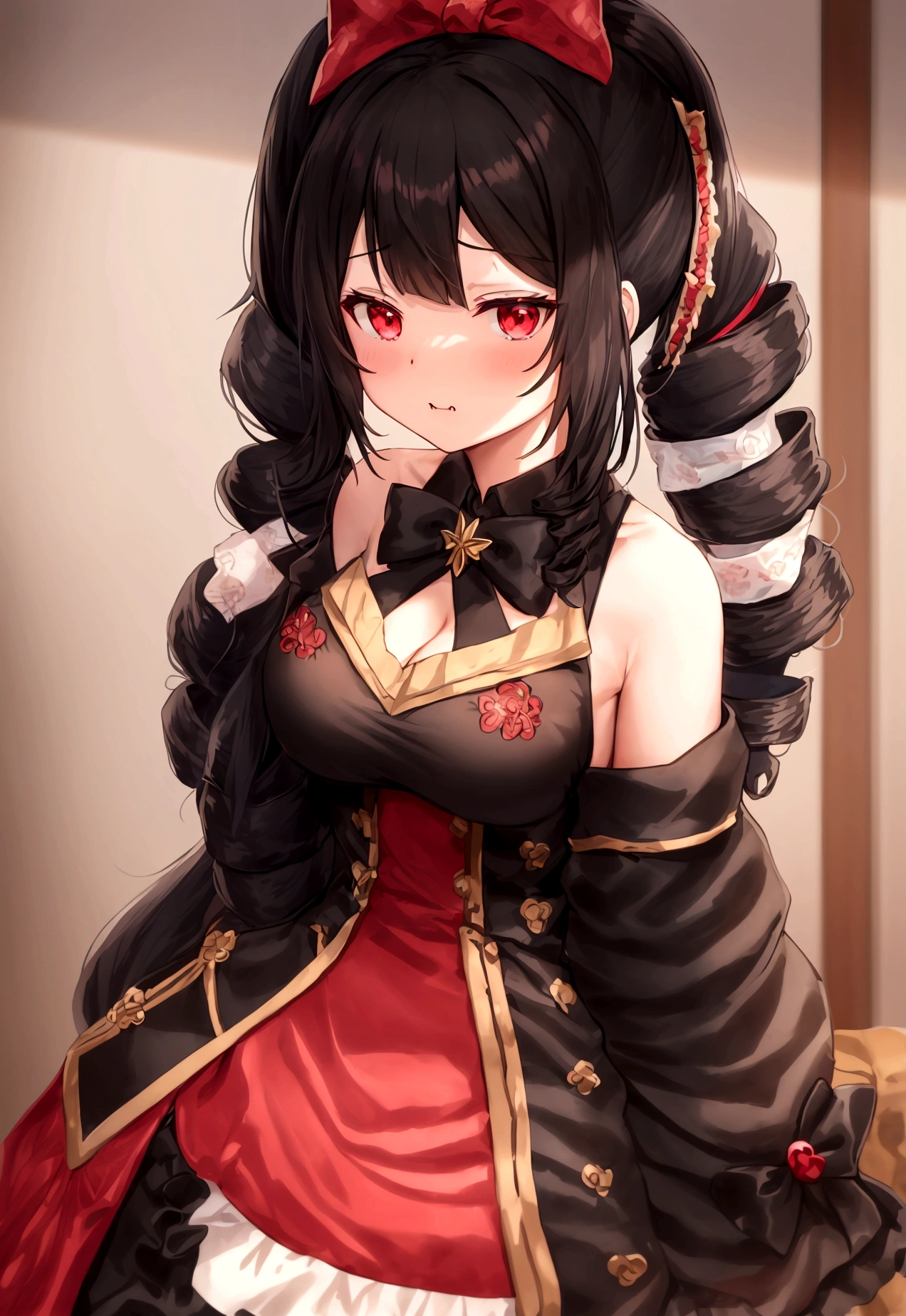 Sandalwood, sakamata chloe, sakamata chloe (jirai kei), 1girl, bandaid, bandaid hair ornament, bare shoulders, black bow, black coat, black hair, blush, bow, breasts, cleavage cutout, clothing cutout, coat, dress, drill hair, fang, frilled dress, frills, grabbing own breast, grey hair, hair bow, hair ornament, medium breasts, long hair, looking at viewer, multicolored hair, official alternate costume, red coat, red eyes, skin fang, sleeveless, sleeveless dress, twin drills, two-sided coat, two-sided fabric, x hair ornament