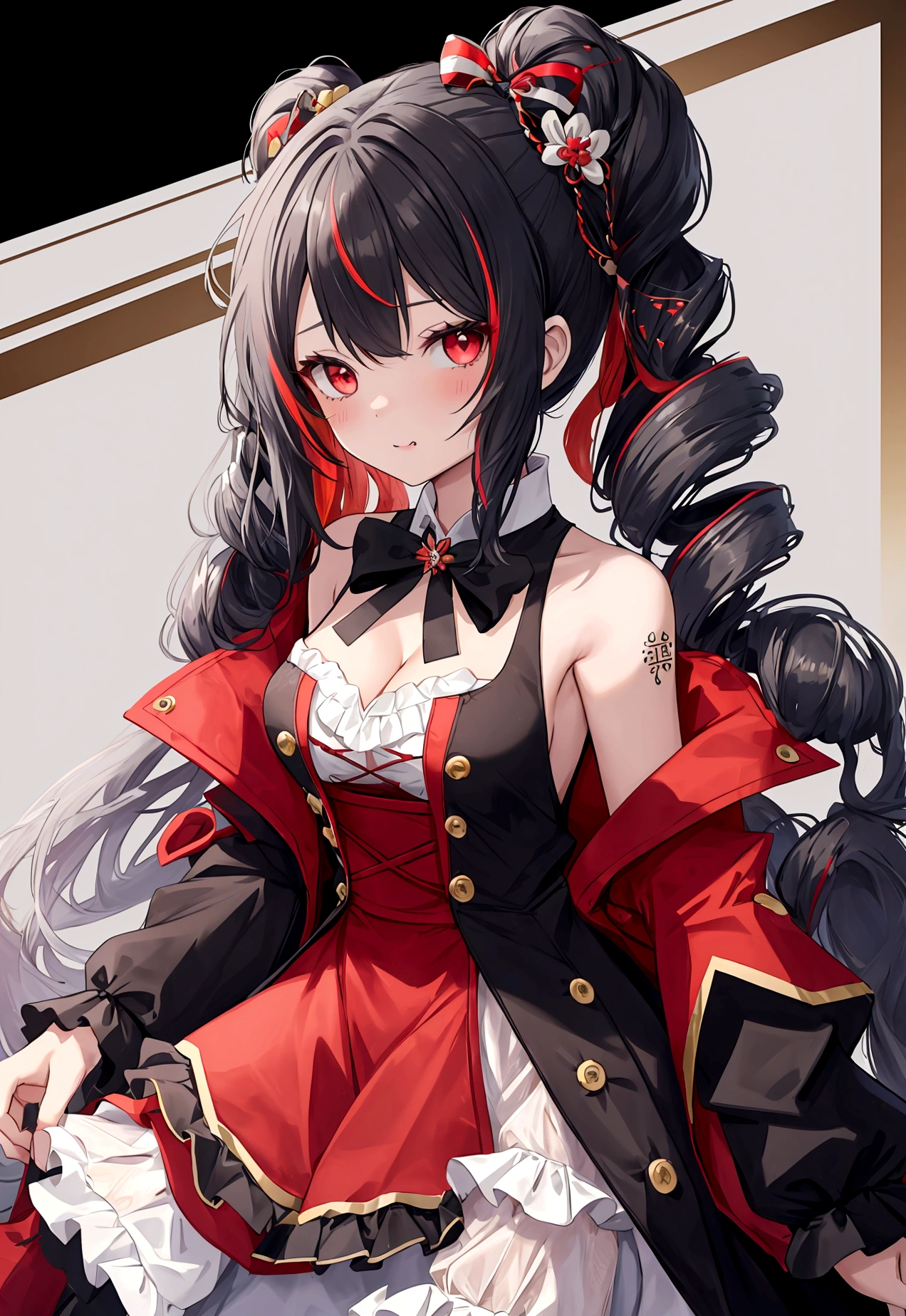 Sandalwood, sakamata chloe, sakamata chloe (jirai kei), 1girl, bandaid, bandaid hair ornament, bare shoulders, black bow, black coat, black hair, blush, bow, breasts, cleavage cutout, clothing cutout, coat, dress, drill hair, fang, frilled dress, frills, grabbing own breast, grey hair, hair bow, hair ornament, medium breasts, long hair, looking at viewer, multicolored hair, official alternate costume, red coat, red eyes, skin fang, sleeveless, sleeveless dress, twin drills, two-sided coat, two-sided fabric, x hair ornament