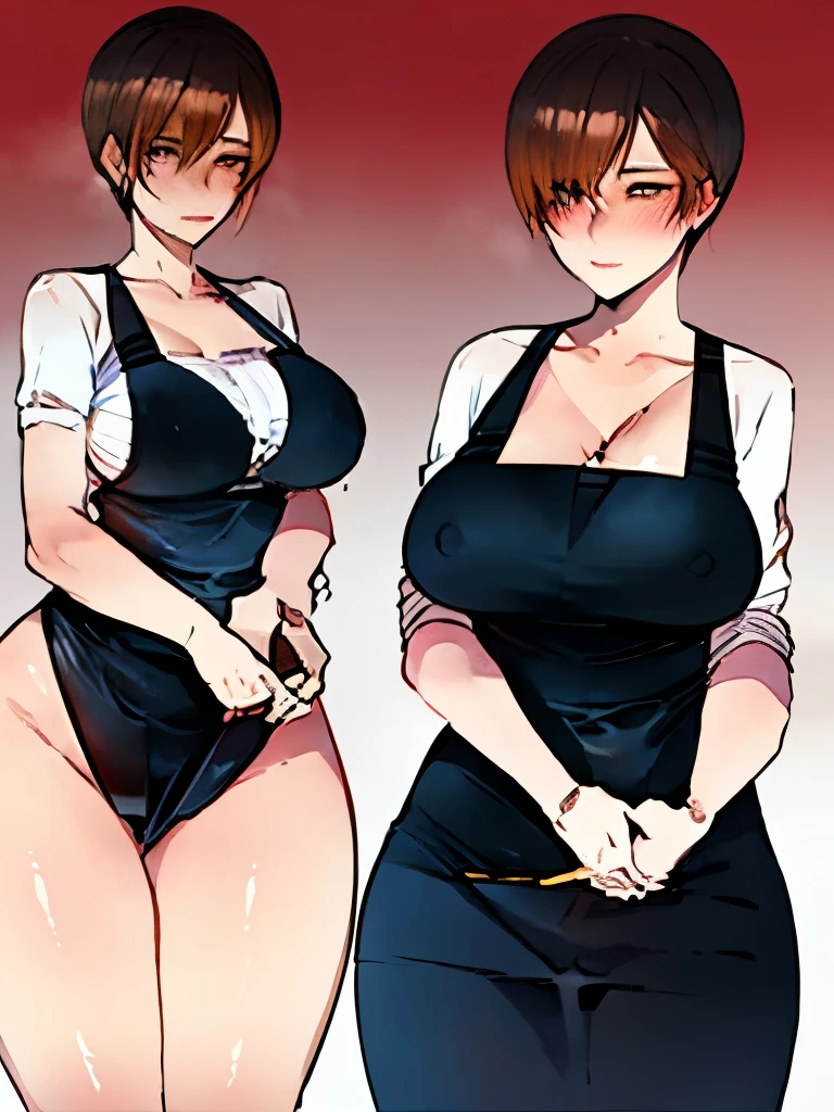 motherly, mother, youthful appearance, milf, shortcut, short hair, light brown hair, mole under the left eye, medieval housewife clothes, apron, , chubby, motherly body, gentle motherly expression