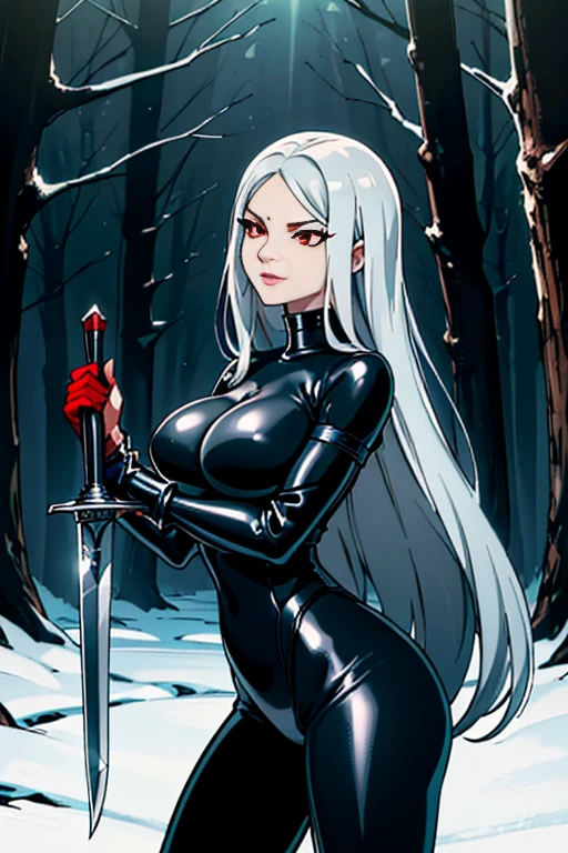 Masterpiece, high quality full length portrait of 1 woman (maduro)) YOUNG), holding a dagger knife, exhausting ((Tight black latex suit.)), rouge, thief, beautiful thin face, long hair, (silver gray hair), BIG BREASTS, pale and light skin, ((Red eyes)), smug happy expression, set in a dark forest environment background