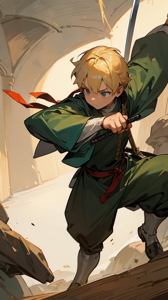 A -yeld teblond hair with a sword training in medieval clothes