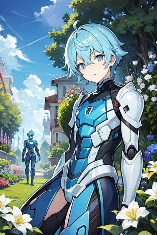 robot man, short light blue hair, blue eyes, in a garden